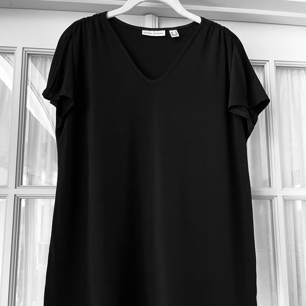 Susan Graver Black Liquid Knit Short Sleeve, Cold Shoulder Top, Size S